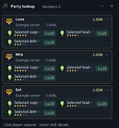 Whole-party skill lookup window